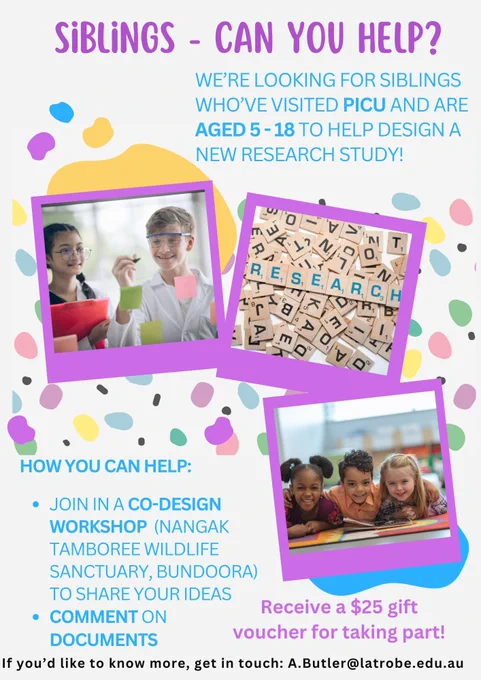 The image is a poster that advertises an opportunity for siblings who have visited PICU to get involved in co-designing a new study. Ways to get involved include joining a co-design workshop in Melbourne (Australia) or commenting on documents. The advertisement also notes that sibling participants will receive $25 for taking part.  