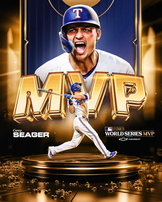 Corey Seager, 2023 World Series MVP Presented By Chevrolet
Pictured: A large cutout of Corey Seager in a white home Rangers uniform screams above gold lettering reading out “MVP.” Below, a cutout of Corey Seager (also in a white Rangers uniform swinging a bat) with his name aligned to the left and the 2023 World Series MVP presented by Chevrolet logo to his right.