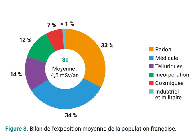 Bilan de l'exposition moyenne des français sous forme de camembert.
Les proportions sont : Radon (33%), examens médiacux (34%), telluriques (14%), incorporation (12%), cosmiques (7%), militaire et industriel (moins de 1%)