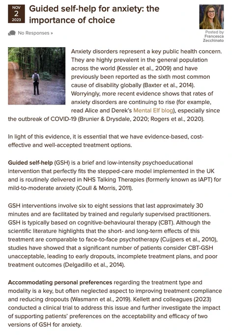Guided self-help (GSH) is a brief and low-intensity psychoeducational intervention that perfectly fits the stepped-care model implemented in the UK and is routinely delivered in NHS Talking Therapies (formerly known as IAPT) for mild-to-moderate anxiety (Coull & Morris, 2011).  GSH interventions involve six to eight sessions that last approximately 30 minutes and are facilitated by trained and regularly supervised practitioners. GSH is typically based on cognitive-behavioural therapy (CBT). Although the scientific literature highlights that the short- and long-term effects of this treatment are comparable to face-to-face psychotherapy (Cuijpers et al., 2010), studies have showed that a significant number of patients consider CBT-GSH unacceptable, leading to early dropouts, incomplete treatment plans, and poor treatment outcomes (Delgadillo et al., 2014). 