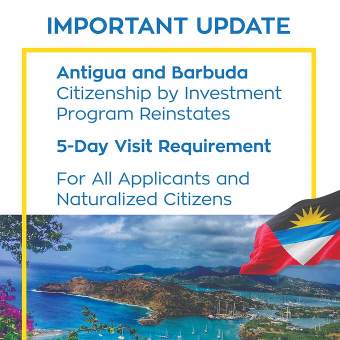 🌐 Important Update: The government of Antigua and Barbuda has decided to reinstate the 5-day visit requirement for all citizenship by investment applicants. Here’s what you need to know:

🔍 Why the Reinstatement?
The 5-day visit requirement is a proactive measure to ensure that all applicants are genuinely interested in becoming citizens of Antigua and Barbuda, strengthening the bond between new citizens and the community.

📌 Who Does This Update Apply To?
This update applies to all naturalized citizens of Antigua and Barbuda, including those who have already taken their oath of allegiance outside of Antigua and Barbuda. It is essential for naturalized citizens to plan their visit within the first 5 years of their citizenship before their passport expires.

💼 How Does It Benefit You?
While this requirement may add a small step to the process, it ensures all applicants share a genuine connection with their future home. This strengthens the bond between new citizens and the community
