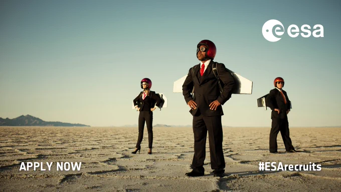 Image shows three people in suits in the desert wearing jetpacks. ESA logo is in the top right corner. Apply now and #ESA recruits is along the bottom.
