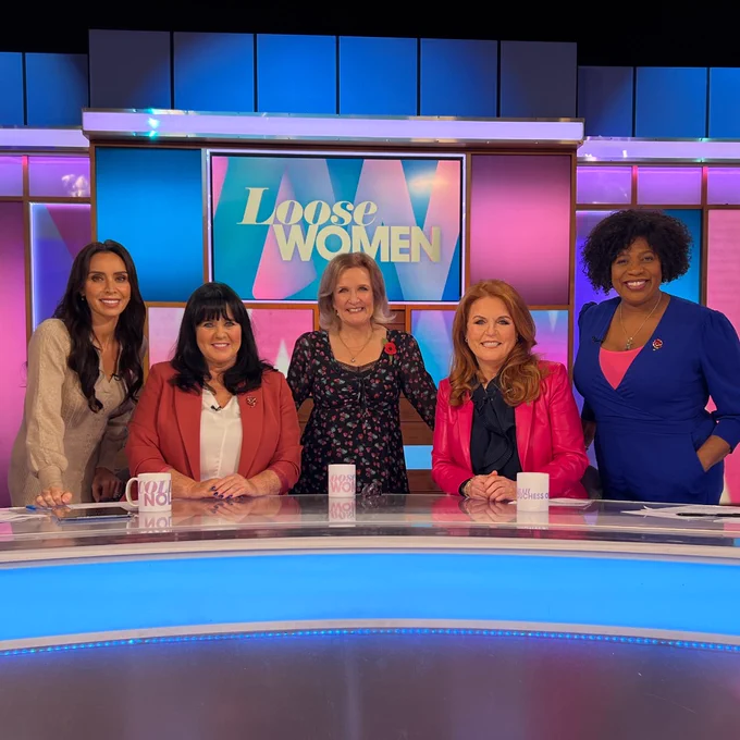 Five women on the Loose Women panel standing on set, smiling at the camera.
From left to right: Christine Lampard, Coleen Nolan, Addie - clinical nurse specialist at Breast Cancer Now, Sarah Ferguson - Duchess of York and Brenda Edwards.