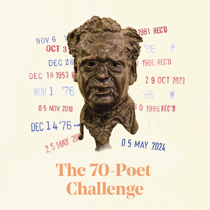 In the centre of the image is a photo of a bust of Dylan Thomas's head. Behind this are library date stamps in various colours, on top of a beige background. Underneath this, there is orange text that says 'The 70-Poet Challenge'.