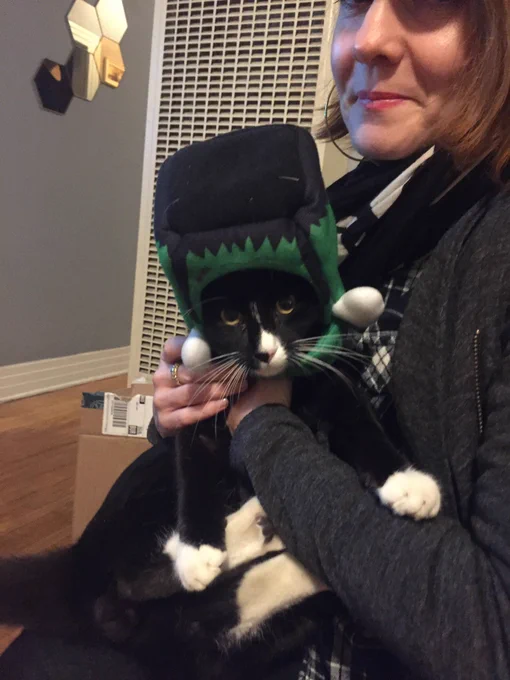 A red headed woman holds a tuxedo cat on her lap. He has a soft frankenstein’s monster head covering and is deeply unimpressed.