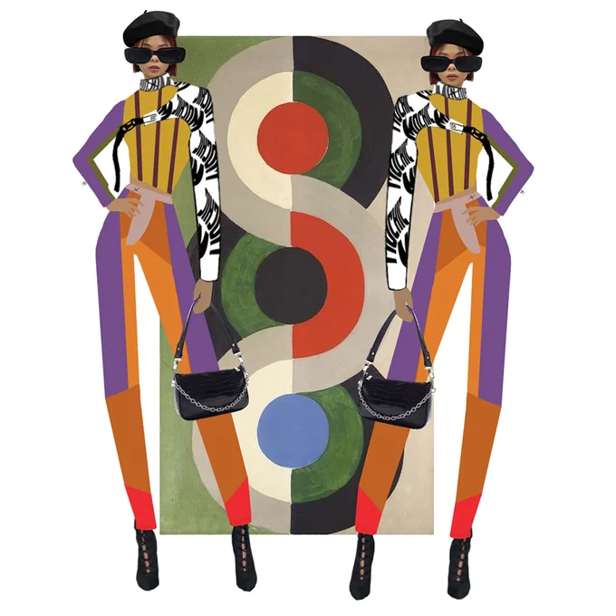 An illustration of two models standing side by side, as if reflected in a mirror against the backdrop of a swirly art piece. The outfit has patchwork trousers tightly fit, and black laced boots. The top is a dark gold with maroon vertical stripes, and on only one side is a sleeve with the Mochic logo repeated on it in black and white, which connects to the top via a black clip and a neck collar.