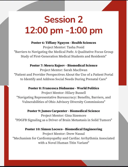 Screenshot of Session 2 presentations, including student names, project mentor, and presentation title.
