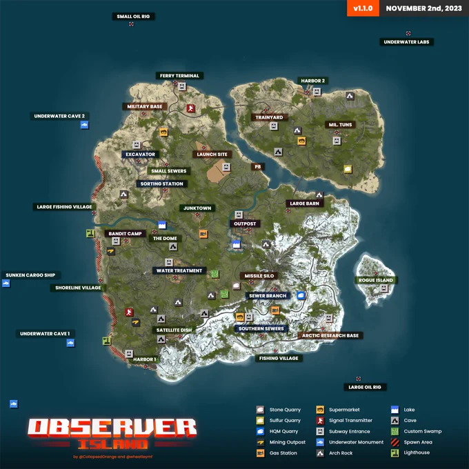 Observer Island map overview of the monument locations, spawn points, and other interest points.