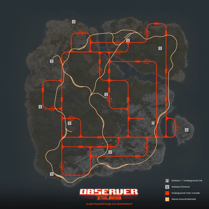 The graphical overview of the train network system within the new Observer Island custom Rust map.