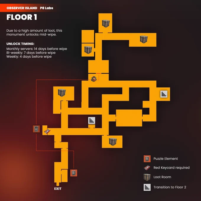 Graphical overview of the first floor to the P8 monument on the observer island custom Rust map.