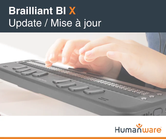 Hands typing on a BI 40X braille device with the mention Brailliant BI X update 