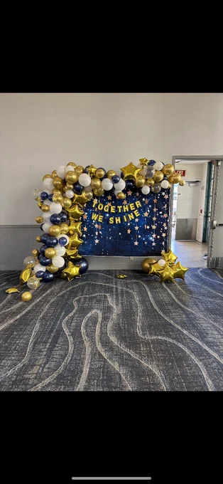 Balloon bulletin board blue and gold and white