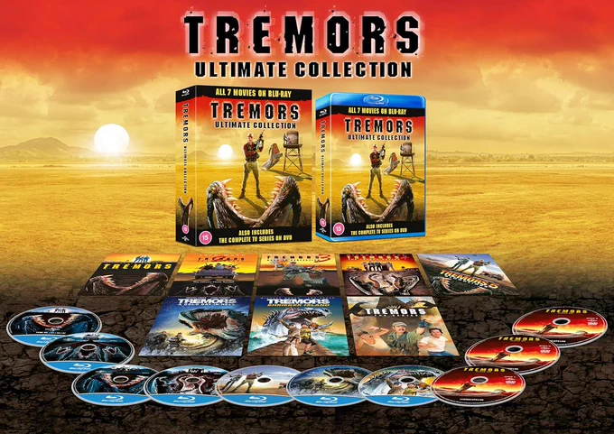 Cover to the Tremors Ultimate Collection box set including an image of all the discs and art cards