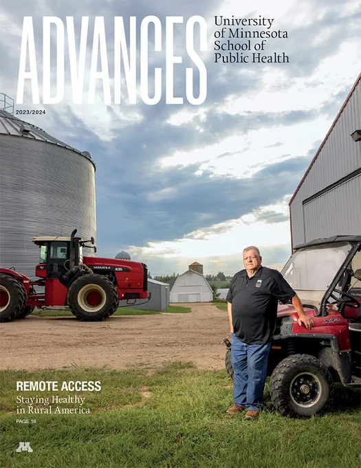 Image detail: Advances magazine cover, shows a man standing in front of a side-by-side atv with a tractor, grain bin, and barn in the background