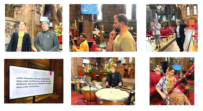 A montage of 6 photographs showing musicians, singers, Matt Baker and a screen with the libretto during rehearsals in a church.