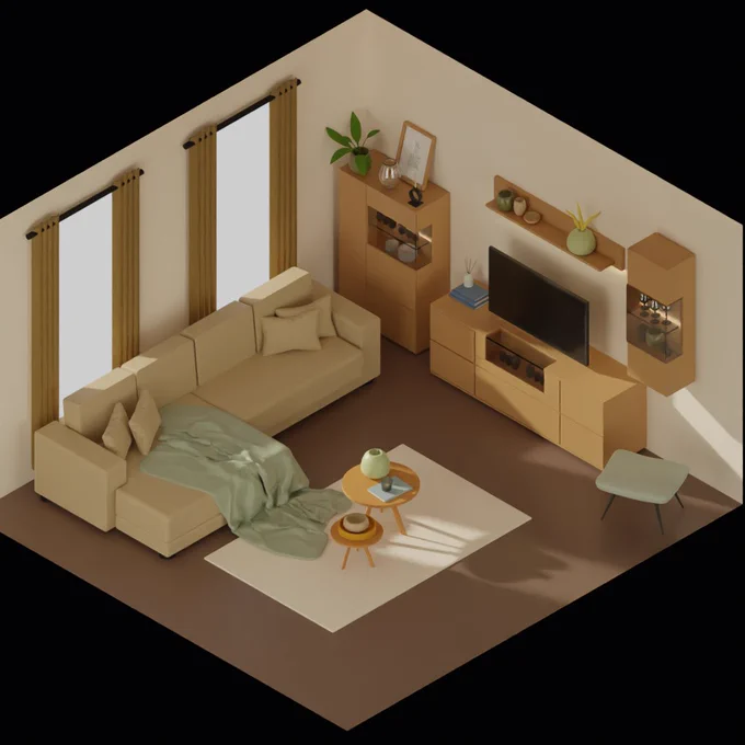 This lowpoly room is created by me in Blender