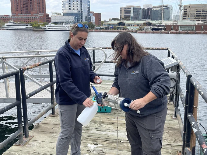 Staff retrieve and collect the water sample.