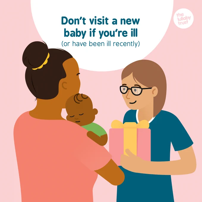 There is a lady carrying a present towards a second lady who is holding a young baby. Text says 'Don't visit a new baby if you're ill or have been ill recently'