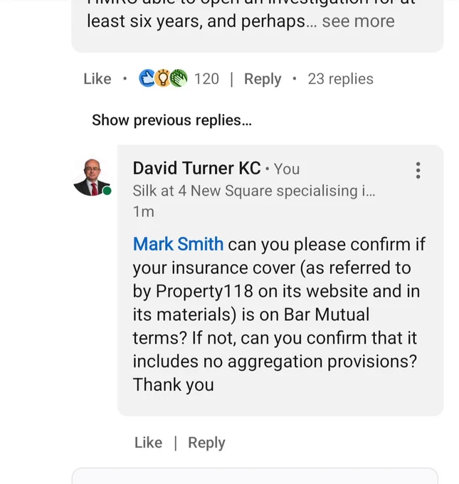 LinkedIn post in which I ask Mark Smith of Cotswold Barristers to confirm whether his insurance is on Bar Mutual terms (thus incorporating a clause aggregating all liabilities attributable to an originating cause)