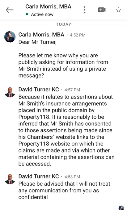 Exchange of LinkedIn messages in which I explain to Cotswold Barristers' chief executive why I had asked my question about Mr Smith's insurance in a public forum, and confirm to her that I will not treat our communications as confidential 