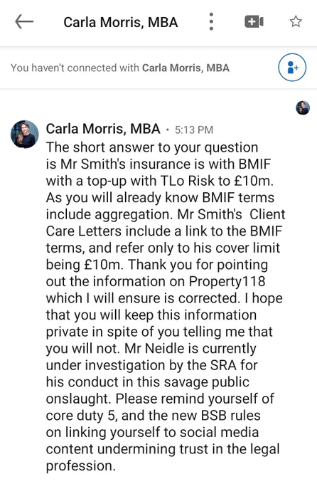 Subsequent message from Cotswold Barristers' chief executive confirming that Mr Smith's insurance is on Bar Mutual terms, asking me to treat that information as private and insinuating that it would be a breach of professional duty for me to reveal the information 