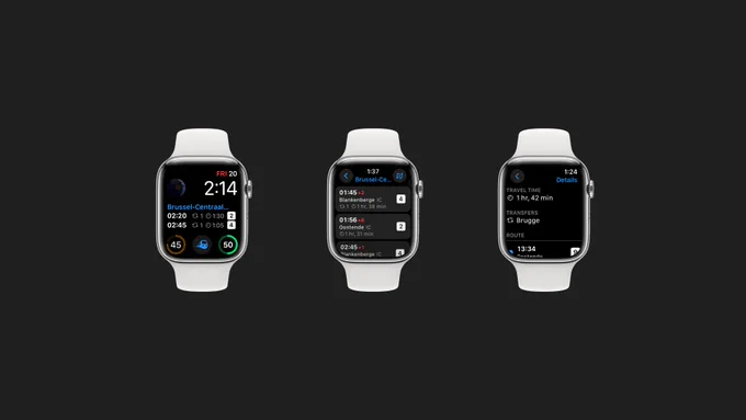 Three product shots of Railer for Apple Watch: 1) showing the new rectangular complication, 2) upcoming departures between Brussels-Central and Ostend, 3) the detail of one of the departures.