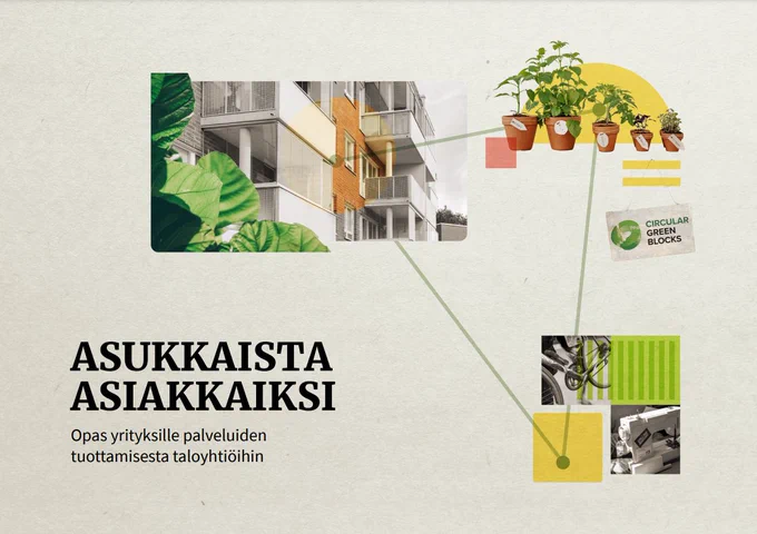 Asukkaista asiakkaiksi -oppaan kansi. Opas yrityksille palveluiden tuottamisesta taloyhtiöihin.