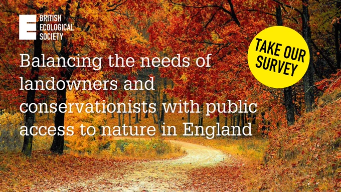Take our survey on balancing the needs of landowners and conservationists with public access to nature in England | Background image: A winding path through autumnal woodlands with red and orange leaves falling from the trees | British Ecological Society