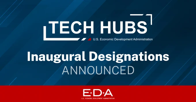 On a blue and red background, the white Tech Hubs logo appears. White text reads, “Inaugural Designations Announced.” 