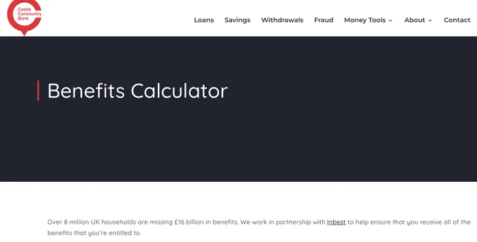 Screenshot of Benefits Calculator page on Castle Community Bank website 