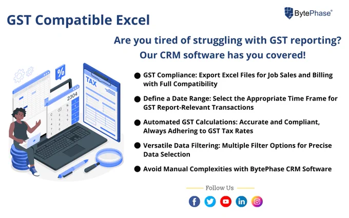 Are you tired of struggling with GST reporting? Our CRM software has you covered!

 -GST Compliance: Export Excel Files for Job Sales and Billing with 
  Full Compatibility

 -Define a Date Range: Select the Appropriate Time Frame for GST Report-
  Relevant Transactions

 -Automated GST Calculations: Accurate and Compliant, Always Adhering 
  to GST Tax Rates

 -Versatile Data Filtering: Multiple Filter Options for Precise Data Selection

 -Avoid Manual Complexities with BytePhase CRM Software

