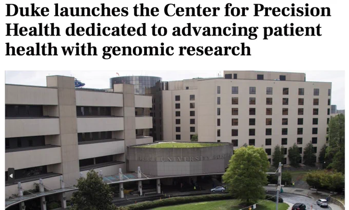 Headline of Duke Chronicle article, "Duke lunches the Center for Precision Health dedicated to advancing patient health with genomic research." Exterior of Duke University Hospital photographed by Han Kang for the Duke Chronicle.