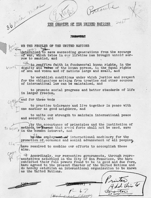 Typed text of the UN Charter. Around the words in the page's margins are handwritten notes.