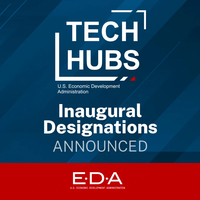 On a blue and red background, the white Tech Hubs logo appears. White text reads, “Inaugural Designations Announced.”