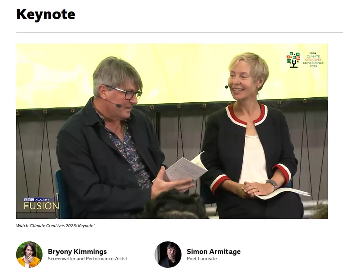 A screen grab of one of the Climate Creatives 23 videos - the keynote featuring Simon Armitage and Bryony Kimmings. In the still we can see Simon Armitage reading a poem, sitting next to host Philippa Thomas.