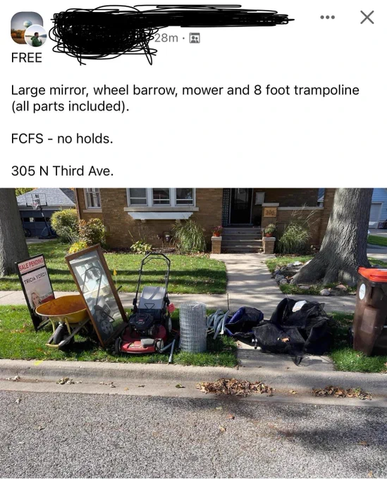 Facebook post alerting to a free wheelbarrow, mower, mirror, trampoline and other stuff. There is a photo of it all on the curb in front of a house.