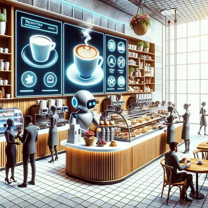 An artistic representation of a café blending the charm of traditional elements with futuristic AI machinery, with the Square logo displayed prominently. Made by Dalle-3