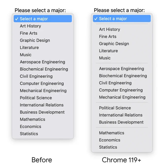 Before and after in Chrome 119 for select elements with horizontal rules