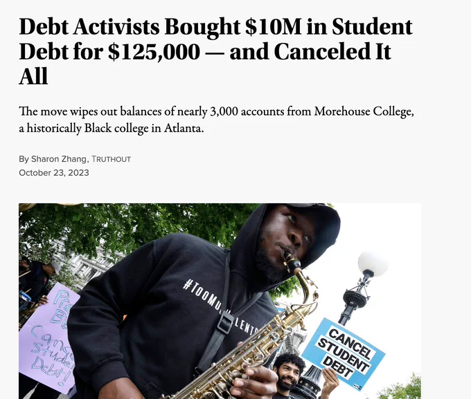 Truthout article with headline reading: Debt Activists Bought $10M in Student Debt for $125,000 — and Canceled It All 