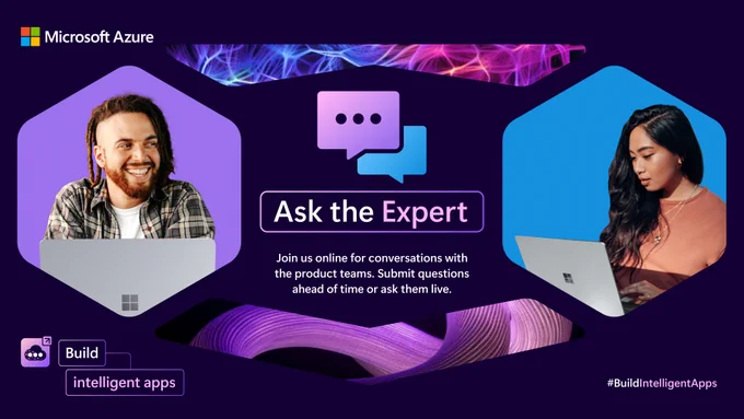 Two people using laptops. Text reads "Ask the Expert. Join us online for conversations with the product teams. Submit questions ahead of time or ask them live."