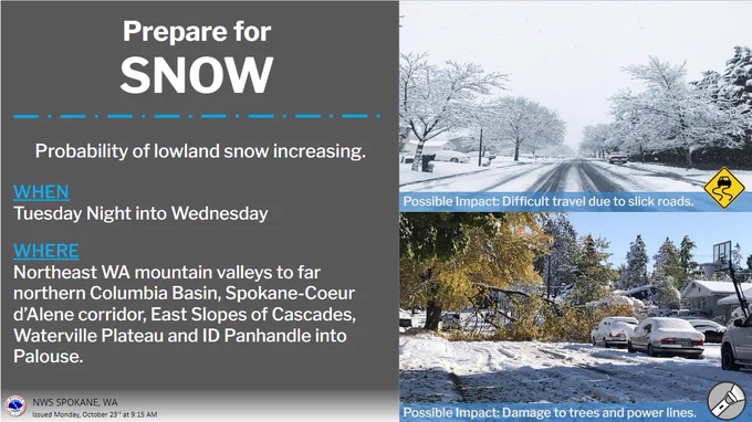A graphic showing icy roads and broken trees warning people about the potential for snow.