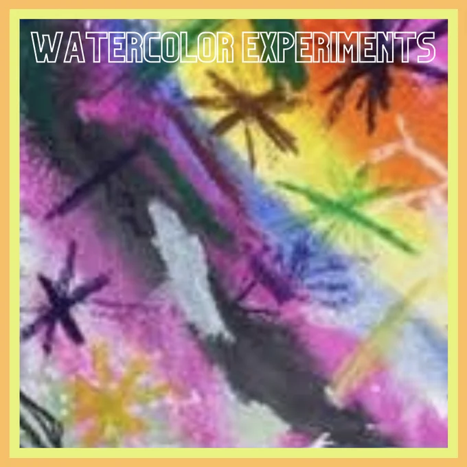 Kid art watercolor experiment: In this artwork, there are many-colored asterisk shaped stars drawn in oil pastel, and a stripes of watercolor in magenta, grey, blue, yellow, and orange.
