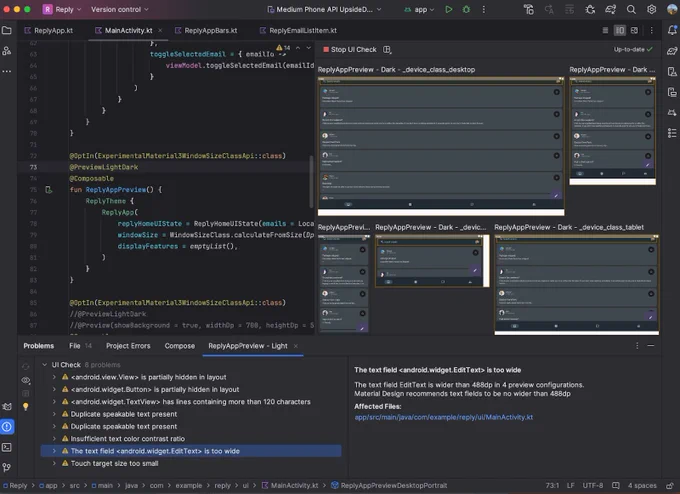 A screen open to the new “UI Check” mode in Compose Preview that is finding and showing errors in the code in the bottom half of the screen.
