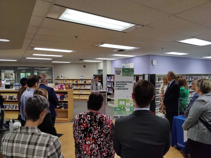 Photograph people at the Ontario Public Library Week celebration at the Hamilton Public Library Stoney Creek Branch.