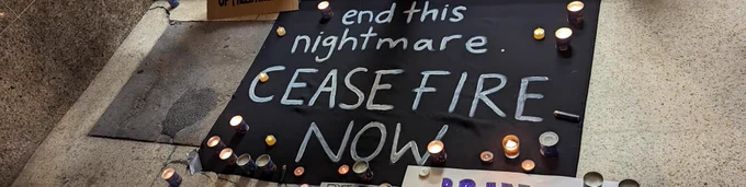 Sign left at the doorstep of Deputy Premier Chrystia Freeland's constituency office in Toronto by a vigil of Jewish Canadians who came to mourn the deaths in Israel and Gaza while calling for a stop to the violence.