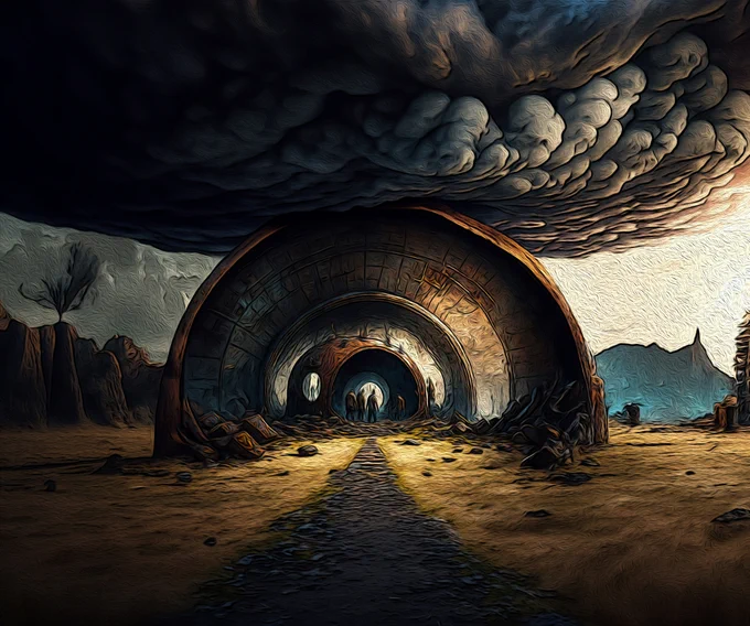 People arrive to hide in the copper dome as storm clouds gather