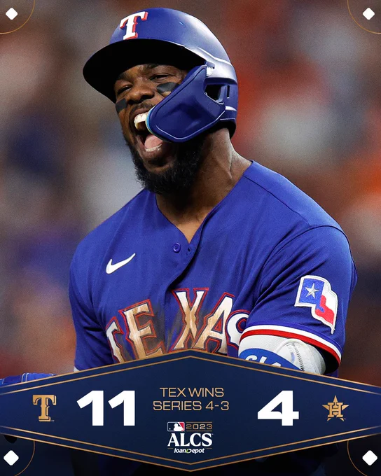 Final score: Texas Rangers 11, Houston Astros 4.
Texas wins series 4-3
ALCS presented by loanDepot
Pictured: Adolis García lets out a huge scream as he trots around the bases after crushing one of his two home runs during ALCS Game 7 on Monday in Houston. He wears a blue Rangers road uniform with white and red lettering.