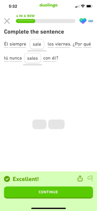 Screenshot of a Duolingo question I answered correctly, but the whole page is in Spanish. There is no translation here.