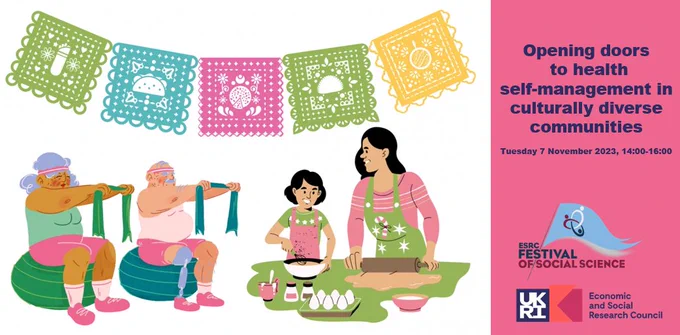 Illustration of a mother and daughter cooking together and two older people doing exercise. Accompanying text reads "Opening doors to health self-management in culturally diverse communities"