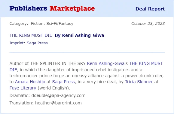 Deal announced: The King Must Die by Kemi Ashing-Giwa coming to Saga Press.